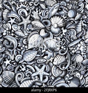 Fumetti doodles Sea Life modello senza giunture. Sfondo con simboli e oggetti subacquei. Sfondo dettagliato monocromatico per la stampa su tessuto, tessuto, ph Illustrazione Vettoriale