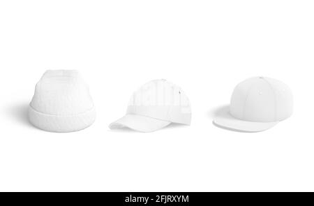 Tappo bianco vuoto, snap-back e beanie mockup, isolato, rendering 3d. Copricapo a maglia vuota e jeans mock up, vista laterale. Cancella accesso headdress casual Foto Stock