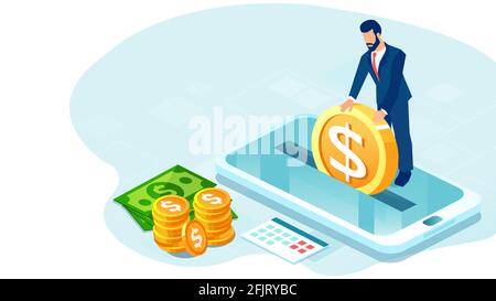 Vettore di un uomo d'affari che effettua il deposito di denaro tramite app mobile Illustrazione Vettoriale