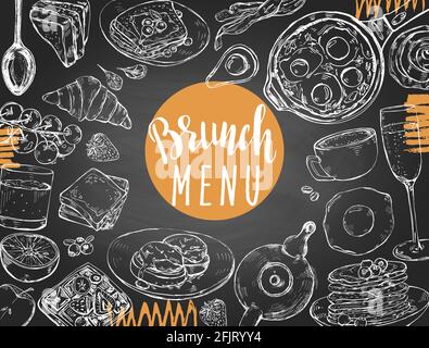 Set di piatti tradizionali per la colazione, panetteria e bevande disegnati a mano Illustrazione Vettoriale