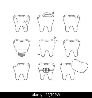 Set di icone della linea dentaria isolato su bianco. Illustrazione Vettoriale