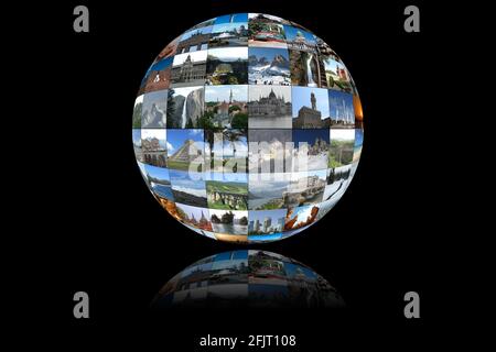 Collage sferico di piccole foto di famose destinazioni turistiche e luoghi di interesse in tutto il mondo. Forma del globo/terra con un riflesso sul fondo. Foto Stock