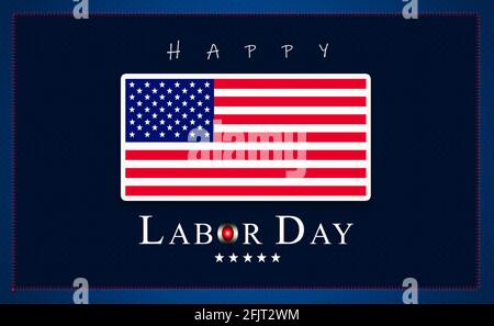Scheda illustrativa Happy Labor Day con design USA Flag e parole di saluto su sfondo blu scuro. Foto Stock