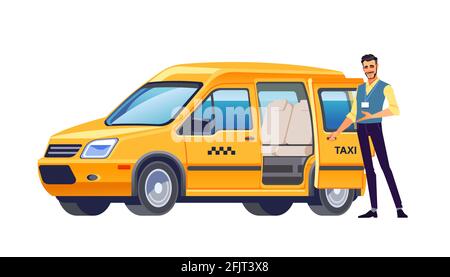 Il tassista apre la porta della sua auto e invita i passeggeri. Taxi auto giallo. Servizio taxi offerta. Gesto della mano di benvenuto. Illustrazione vettoriale aziendale Illustrazione Vettoriale