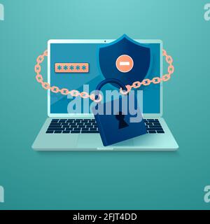 Il concetto di sicurezza su Internet e privacy dei dati personali sotto forma di un computer portatile sotto chiave e serratura. Illustrazione vettoriale. Illustrazione Vettoriale