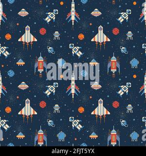 Pixel Art Inter Galactic Adventure Space Pattern Illustrazione Vettoriale