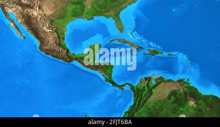 Mappa fisica dell'America Centrale e dei Caraibi. Vista piatta e dettagliata del pianeta Terra e delle sue forme di terra. Elementi arredati dalla NASA Foto Stock