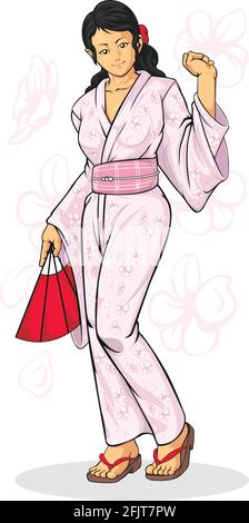 Ragazza geisha indossando disegno giapponese di illustrazione di Kimono Cartoon Illustrazione Vettoriale