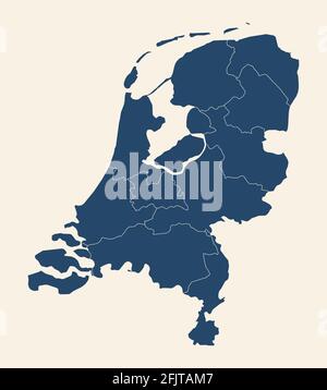 Mappa politica dei Paesi Bassi. Blu ciano, sfondo bianco crema. Sfondi geografici. Illustrazione Vettoriale