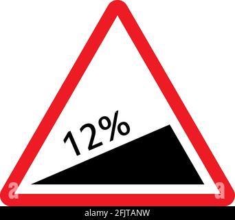 Salita ripida 12% segnale di avvertimento pendenza su strada di montagna. Sfondo triangolo rosso. Illustrazione Vettoriale