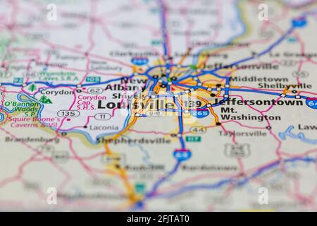 Louisville Kentucky USA e dintorni mostrati su una strada mappa o mappa geografica Foto Stock