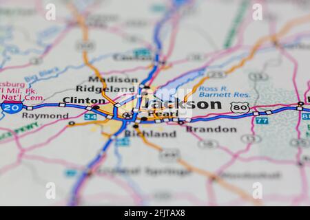 Jackson Mississippi USA e dintorni mostrati su una strada mappa o mappa geografica Foto Stock