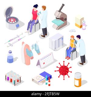 Set di icone isometriche di rierch del vaccino. Icone di vaccinazione di Covid che rappresentano le fasi di sviluppo del vaccino con le attrezzature di laboratorio e la vaccinazione Illustrazione Vettoriale