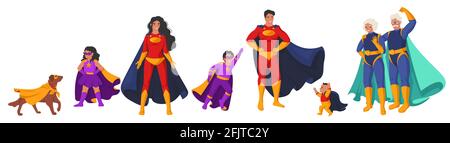 Famiglia di supereroi, set di personaggi cartoni animati, illustrazione vettoriale piatta. Nonni genitori bambini in costumi super eroe Illustrazione Vettoriale
