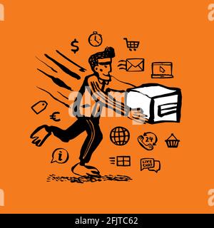 Concetto di servizio di corriere. Banner Web con Delivery Guy che consegna una scatola e servizio di consegna relative icone disegnate a mano su sfondo arancione. Inchiostro Doodle Illustrazione Vettoriale