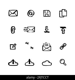 Set di icone stile ingenuo. Servizi postali con set di icone in stile Doodle Ink. Icone delle linee tracciate a mano del vettore. Illustrazione Vettoriale