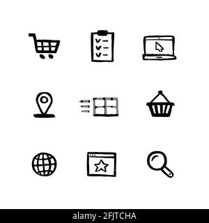 Set di icone per lo shopping di stile ingenuo. E-commerce, shopping online e consegna Doodle inchiostro stile set di icone. Icone di linee di stile naive disegnate a mano vettoriale Illustrazione Vettoriale