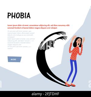 Psicologia. Fobia. Spaventato personaggio Donna in fuga spaventoso mostro ombra. Donna che soffre di paura. Doodle slyle flat vettoriale illustrazione Illustrazione Vettoriale