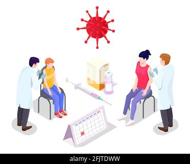 Concetto di vaccinazione con coronavirus Covid illustrazione vettoriale stile isometrico. Vaccino Covid-19. Il medico fa un'iniezione del vaccino di influenza alla donna dentro Illustrazione Vettoriale