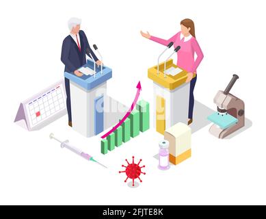 Incoronavirus Covid-19 dibattito politico sulla vaccinazione globale, immagine isometrica piatta vettoriale. Politica sui vaccini. Illustrazione Vettoriale