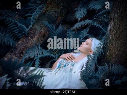Ritratto di una misteriosa Elf eterea con i capelli lunghi in argento con un bel vestito bianco e tiara argentata che si stende vicino all'albero nelle felci. BEA Foto Stock