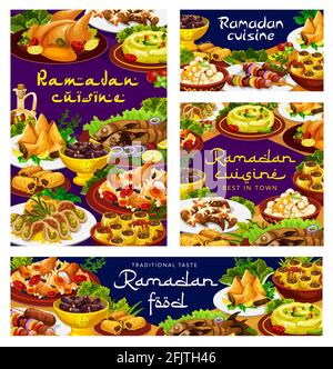 Cibo Ramadan, piatti iftar cucina, islam biryani e Eid Mubarak menu pasti, vettore. Ramadan Kareem cibo tradizionale Iftar, shortbread con hummus An Illustrazione Vettoriale