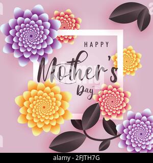 Happy Mother's Day poster di benvenuto carta da parati, fiori realistici e foglie madre giorno sfondo, vettore banner design Illustrazione Vettoriale