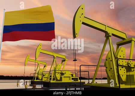 Bella estrazione di olio di zucca e cielo nuvoloso al tramonto con la bandiera Colombia. Foto Stock