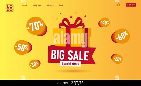 Banner Web per la landing page promo con confezione regalo e nastro e sconto precent intorno alla scatola con interfaccia menu, giallo caldo colori soleggiati Illustrazione Vettoriale