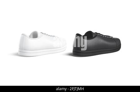 Sneaker in pelle bianca e nera con mockup in pizzo, isolate, rendering 3d. Foorwear vuoto per camminare mock in su, lato posteriore. Clear unisex casual bo Foto Stock