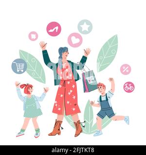 Allegra famiglia di madre con bambini che vanno a fare shopping, cartoon vettore illustrazione isolato su sfondo bianco. Personaggi felici di acquirenti o acquirenti. Illustrazione Vettoriale