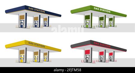 Set di illustrazioni delle colonne delle stazioni di servizio in colori diversi, icone degli edifici di manutenzione relativi al trasporto Illustrazione Vettoriale