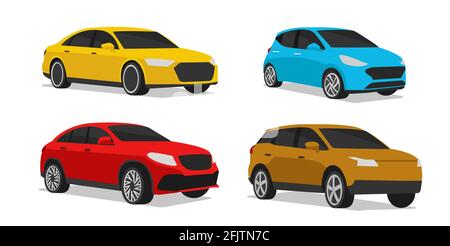 Set di illustrazioni per auto di diversi modelli di veicoli in diversi colori, silhouette stilizzata, icona simle Illustrazione Vettoriale