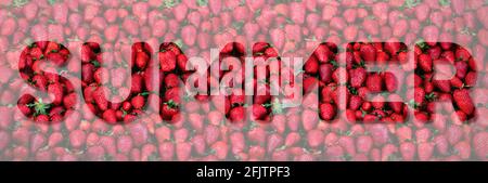 Iscrizione Estate fatta con fragole fresche di fondo. Spazio di copia. Vendemmia. Cornice e banner per il cibo. Testo per il tuo progetto. Foto Stock