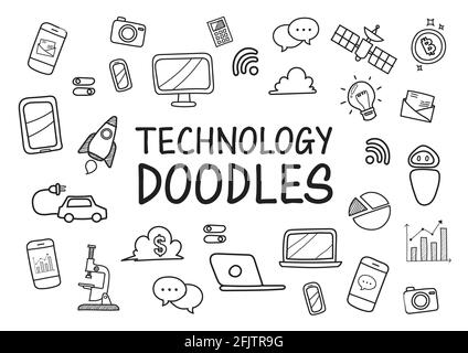 Tecnologia doodles icone disegnate a mano. Illustrazione vettoriale Illustrazione Vettoriale