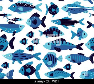 Carino pesce modello senza giunture. Stile piatto organico. Tavolozza dei colori nero e blu. Illustrazione Vettoriale