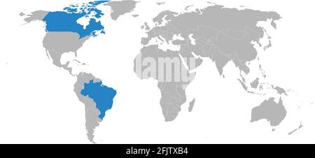 Brasile, Canada Paesi isolati sulla mappa mondiale. Sfondo grigio. Mappe geografiche e Sfondi. Illustrazione Vettoriale