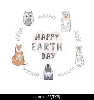 Striscione giorno terra con scritte e animali carini in stile scandinavo. Illustrazione vettoriale, biglietto d'auguri rotondo Illustrazione Vettoriale