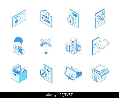Disoccupazione e crisi - moderna linea isometrica icone set. HR e ricerca di lavoro idea. Infornato segno, nessun denaro in una borsa, casa in affitto, rifiutato riprendere, o Illustrazione Vettoriale