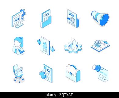 Ricerca lavoro - insieme di icone colorate delle linee isometriche. HR e l'idea di impiego. Azienda sito web, curriculum in una cartella, megafono, portafoglio, lavoratore femminile, aperto Illustrazione Vettoriale