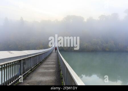 Svizzera, Cantone di Ginevra, Vernier, il fiume Rodano sotto il complesso urbano le Lignon costruito dal 1960, ponte pedonale Foto Stock