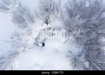 Svizzera, Canton Vallese, Munster, Geschinen, lago di Geschinersée in inverno (vista aerea) Foto Stock