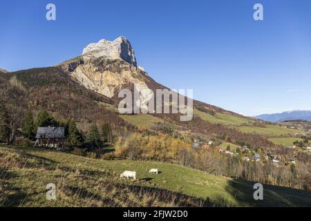 Francia, Isere, parco naturale regionale di Chartreuse, valle di Grésvaudan, l'Plateau-des-Petites-Roches, vista dalla strada del col du Coq sulla frazione Meunières del comune di Saint-Pancrasse con sullo sfondo le scogliere di Dent de Crolles (2026m) Foto Stock