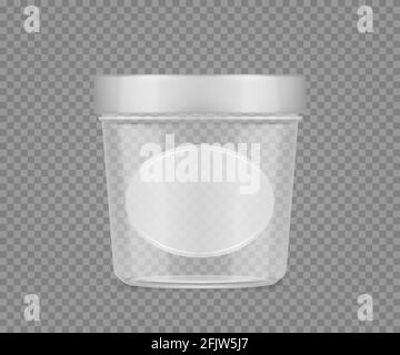 Vasetto trasparente vuoto con etichetta per formaggio, gelato, burro, yogurt surgelato. Design del contenitore in plastica. Contenitore vuoto per prodotti di bellezza o alimentari Illustrazione Vettoriale