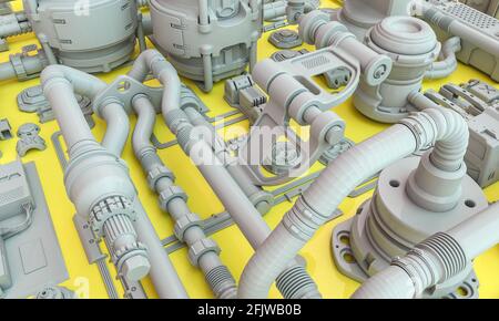 sci-fi astratto sfondo geometrico di tubi e cavi ed elementi industriali. rendering 3d Foto Stock