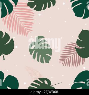 Monstera e foglie di palma su sfondo rosa chiaro punteggiato Illustrazione Vettoriale