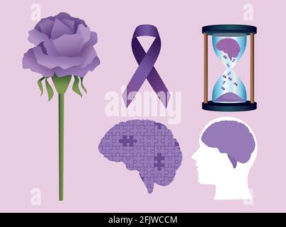 cinque icone di alzheimer Illustrazione Vettoriale
