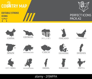 Set di icone glifo della mappa del paese Illustrazione Vettoriale