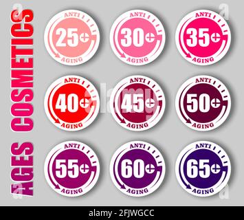 Francobolli anti-età con diversi simboli di data e ora posteriore. Creativo vettore insieme di icone anti-età cerchio per marcare anti rughe cosmo Illustrazione Vettoriale