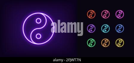 Icona al neon yin yang. Brillante simbolo di bilanciamento al neon, pittogramma yin yang Tao e silhouette dai colori vivaci. Equilibrio e armonia, fusione di opposto Illustrazione Vettoriale